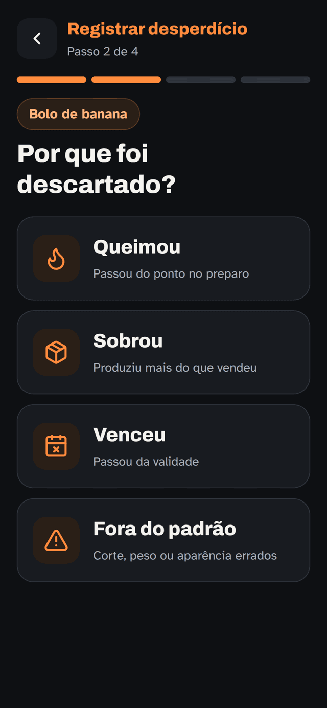 Tela real do app: Por que foi descartado? com os quatro motivos